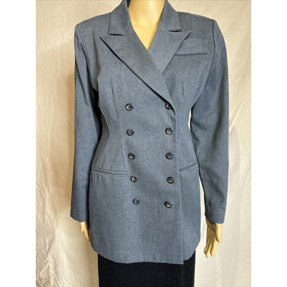 Vintage 80s LEW MAGRAM Blue Gray Double Breasted Blazer Jacket Coat Suit USA 4 - Picture 1 of 9